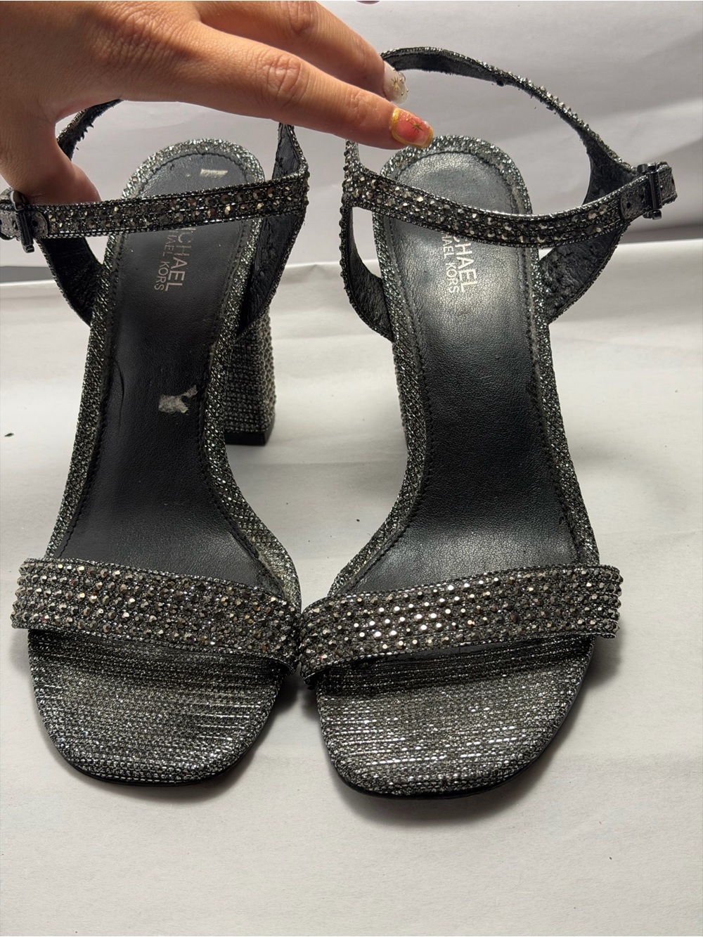 Michael Kors Francine Rhinestone Block Heel Sandals - Gunmetal Grey Size 7M